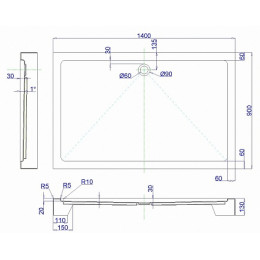 Royal Bath Душевой поддон RB 9140HP 900x1400x130