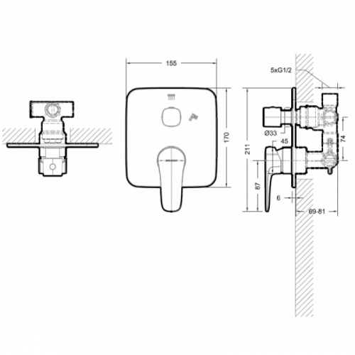Смеситель Bravat Source PB8173218CP-3-ENG для ванны с душем (внешняя часть), хром
