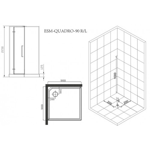 Esbano Душевая кабина ESM-QUADRO-90 (Right) 90x90 профиль чёрный