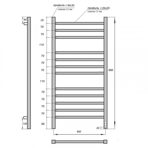 Полотенцесушитель электрический Point Вега PN71850 П12 500x1000, диммер справа, хром