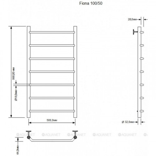 Полотенцесушитель водяной Aquanet Fiona 1000x500, хром 00266738