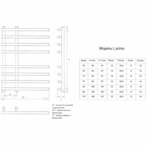 Полотенцесушитель электрический Двин L primo electro 80/15/55 1"-3/4"-1/2"