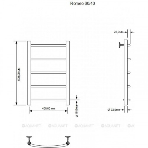 Полотенцесушитель водяной Aquanet Romeo 600x400, хром 00266723