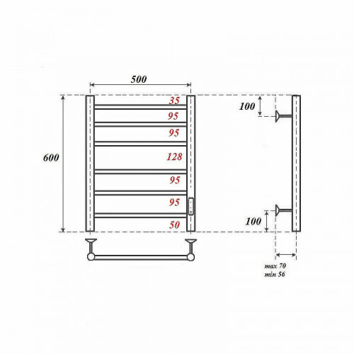 Полотенцесушитель электрический Point PN10856 П6 500x600 диммер справа хром