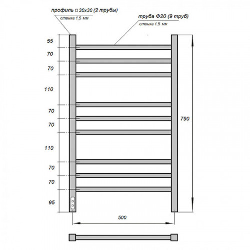 Полотенцесушитель электрический Point Веста PN70758BR П9 500x800, диммер слева, бронза