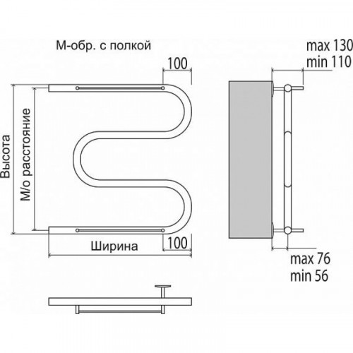 Водяной полотенцесушитель Terminus М-образный с полкой (1") 500*600