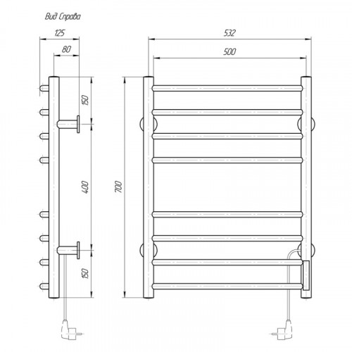 Полотенцесушитель электрический Domoterm DMT Классик 109-8 50x70 TBOX EK R правый хром