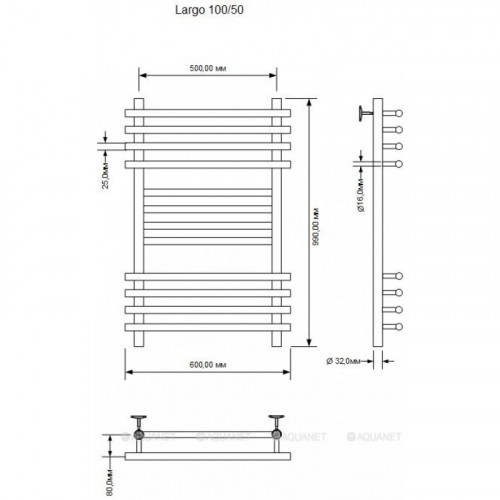 Полотенцесушитель водяной Aquanet Largo 1000x500, хром 00266746
