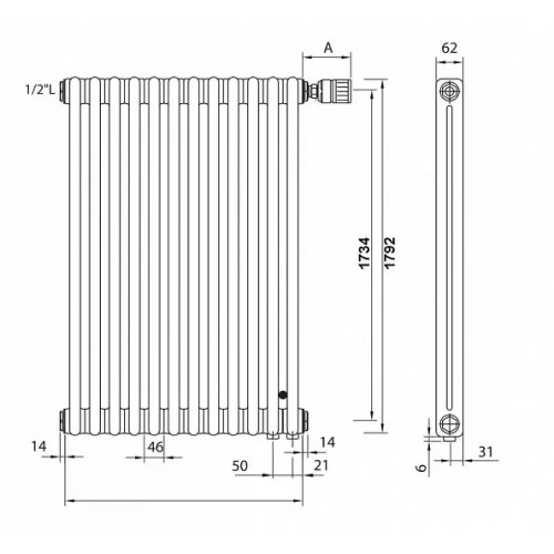Трубчатый радиатор Zehnder Charleston Completto 2180/10 секций, нижнее подключение V001, 1/2", RAL 9016 (белый)