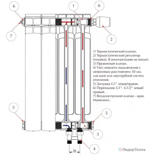 Биметаллический радиатор Rifar Base Ventil 350, 12 секций, с нижним левым подключением