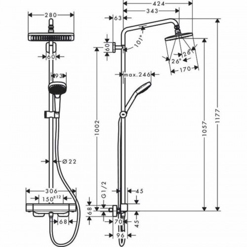 Душевая система Hansgrohe Croma E Showerpipe 280 1jet 27630000 c термостатом, хром