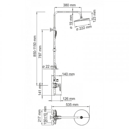 A16601 Душевая система со смесителем WasserKRAFT для ванны, 85/120 x 53,5 см