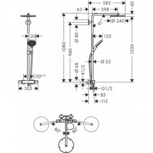 Душевая система Hansgrohe Raindance Select S 240 PowderRain 1jet Showerpipe 27633670, черный матовый