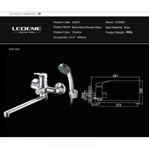 Смеситель для ванны Ledeme L2213 хром