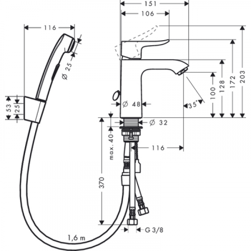Смеситель для раковины Hansgrohe Metris 31285000 110 mm с гигиеническим душем