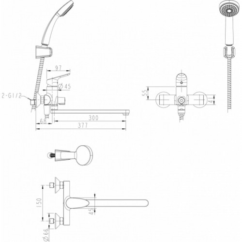 Смеситель для ванны c длинным изливом с аксессуарами Bravat Drop F64898C-LB