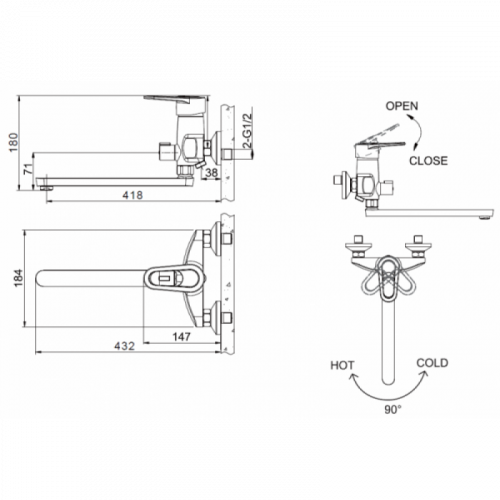 Смеситель для ванны c длинным изливом Bravat Loop F6124182CP-02L-RUS