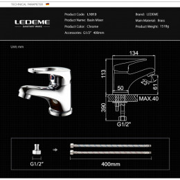 Смеситель для раковины Ledeme L1013 хром