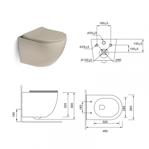 Унитаз подвесной, безободковый,система смыва Tornado (бежевый матовый) SL-5005T-BG