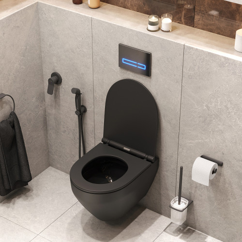 Унитаз с инсталляцией AM.PM Spirit CK70GH с сиденьем, клавишей смыва, гигиеническим душем и аксессуарами, черный матовый