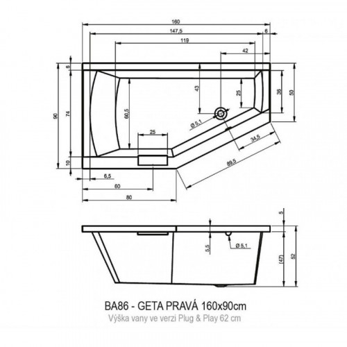 Акриловая ванна Riho Geta Plug&Play 160 BD4600500000000, 160x90 см
