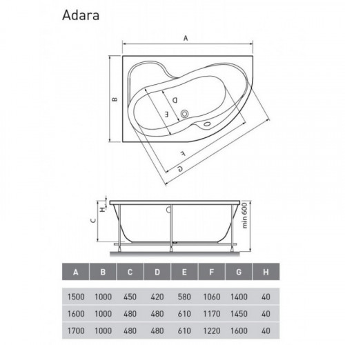 Ванна акриловая Relisan Adara Гл000013731 L 170х100 белый