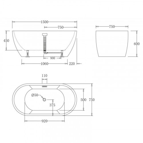 Акриловая ванна BelBagno BB70-1500-W0 150х75 без перелива белый