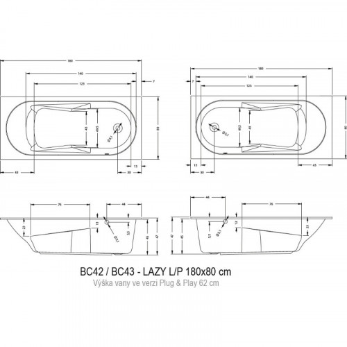 Акриловая ванна Riho Lazy 180 B082001005, 180x80 см, правая