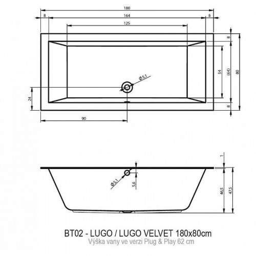 Акриловая ванна Riho Lugo Plug & Play 180 BD6400500000000, 180x80 см