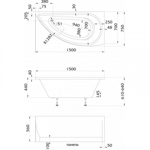 Ванна 1Marka PICCOLO 150x75 правая без гидромассажа 01пк1770п