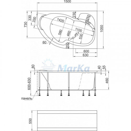 Ванна Marka One AURA, асимметричная, левая, 150x105 см 01ау1510л