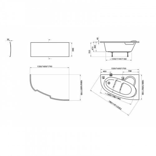 Акриловая ванна Ravak Asymmetric 150x100 без гидромассажа, L C441000000