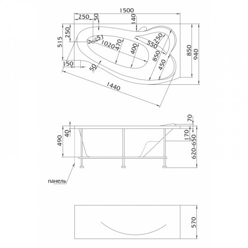 Ванна Marka One GRACIA R 150x94 без гидромассажа 01гр1590п