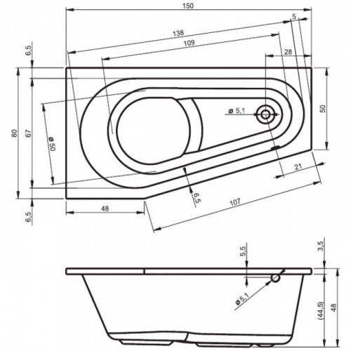 Акриловая ванна Riho Delta 150 арт. B066001005, 150x80 см, правая