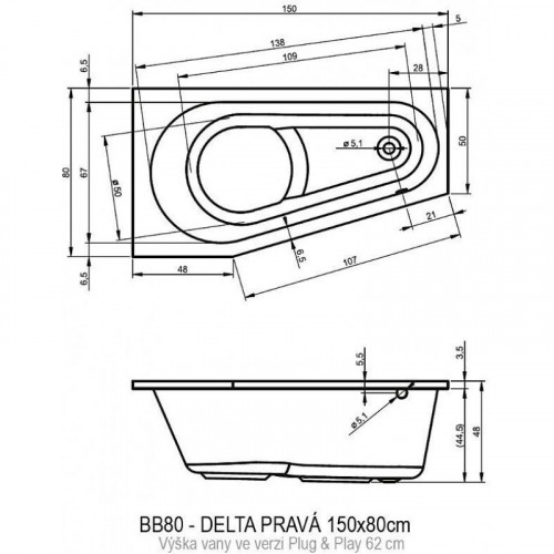 Акриловая ванна Riho Delta Plug&Play 150 BD4000500000000, 150x80 см