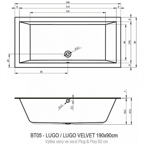 Акриловая ванна Riho Lugo Plug&Play 190 BD7000500000000, 190x90 см