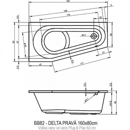 Акриловая ванна Riho Delta Plug&Play 160 BD4200500000000, 160x80 см