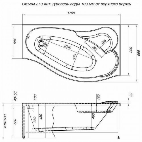 Акриловая ванна Aquanet Palma 170x90 правая 205537 без гидромассажа